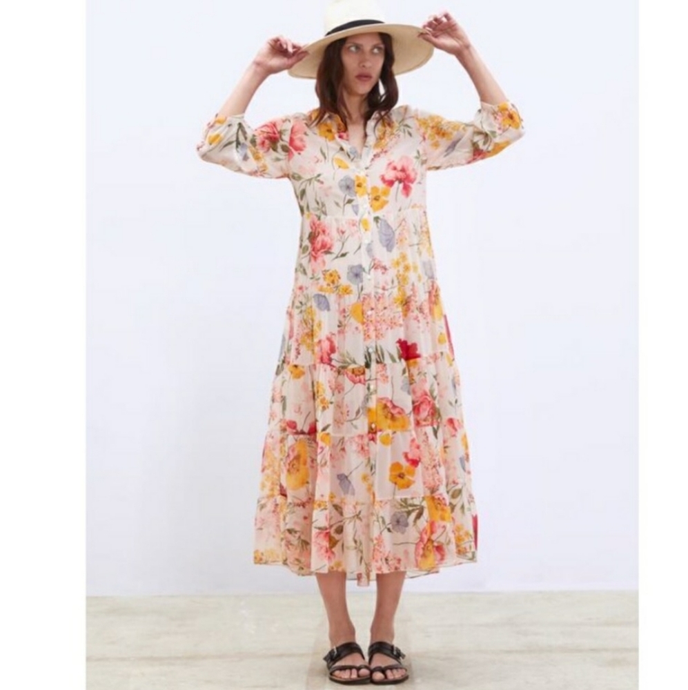 《ZARA》Floral Maxi Garden Shirt Button Down Dress
